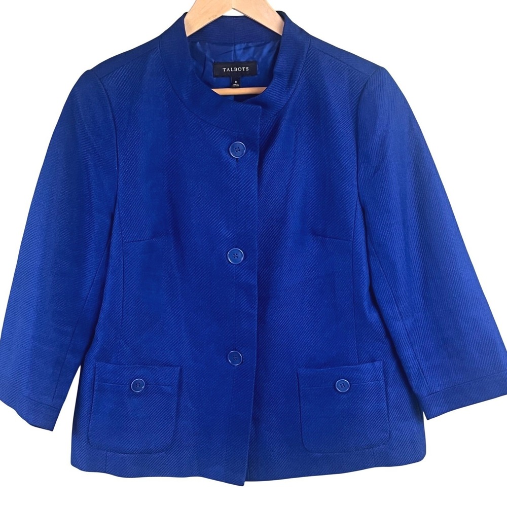 Talbots Cobalt Blue Button Textured LINEN Blazer 3/4 Sleeves Blazer Jacket 8 New